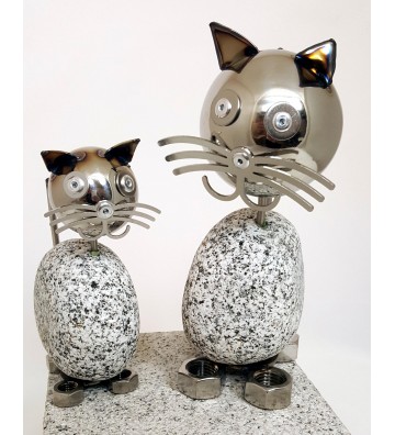 Wackelkopfkatzen 2-er Set Katze groß und klein ca. 20 & 14cm hoch aus Granit und Edelstahl